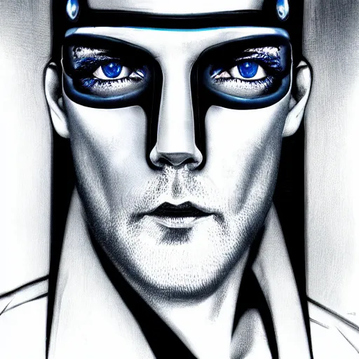 Image similar to hank j wimbleton cyberpunk futuristic darkblue eyes realistic detailed black and white