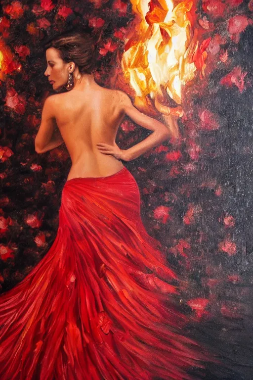 Image similar to detailed oil painting of kate beckinsale as spanish flamenco dancer wearing a red dress made of flowers, engulfed in flames, she's standing waist deep in water, dimly lit, looking away, dark shadows, ethereal, foggy, moody, surreal, high definition, 4 k, slr
