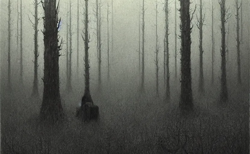 Image similar to people camping in a forest of nightmares by Beksinski, 4k, masterpiece