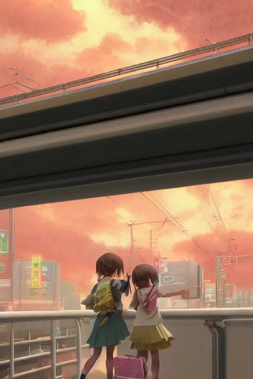 Prompt: 3d ultra realistic anime illustration, two schoolgirls flying on huge japanese elevated subway at rainy dark sunset. cozy cottages all around. deep and complex composition. pastel colors. style of Hiro Kiyohara anime. redshift, octane, trending on artstation, cinematic, oil painting