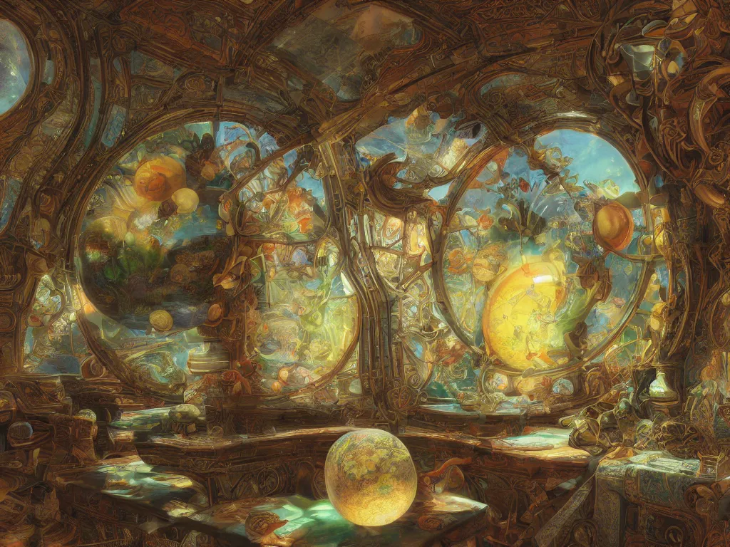 Image similar to 3 d render, sunlight study, the universe is a spheroid region 7 0 5 meters in diameter, art nouveau, by cornelis de heem and ( ( ( ( ( lisa frank ) ) ) ) ), 8 k, sharp focus, octane render