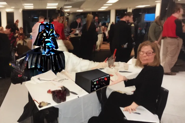 Prompt: darth vader at a office party