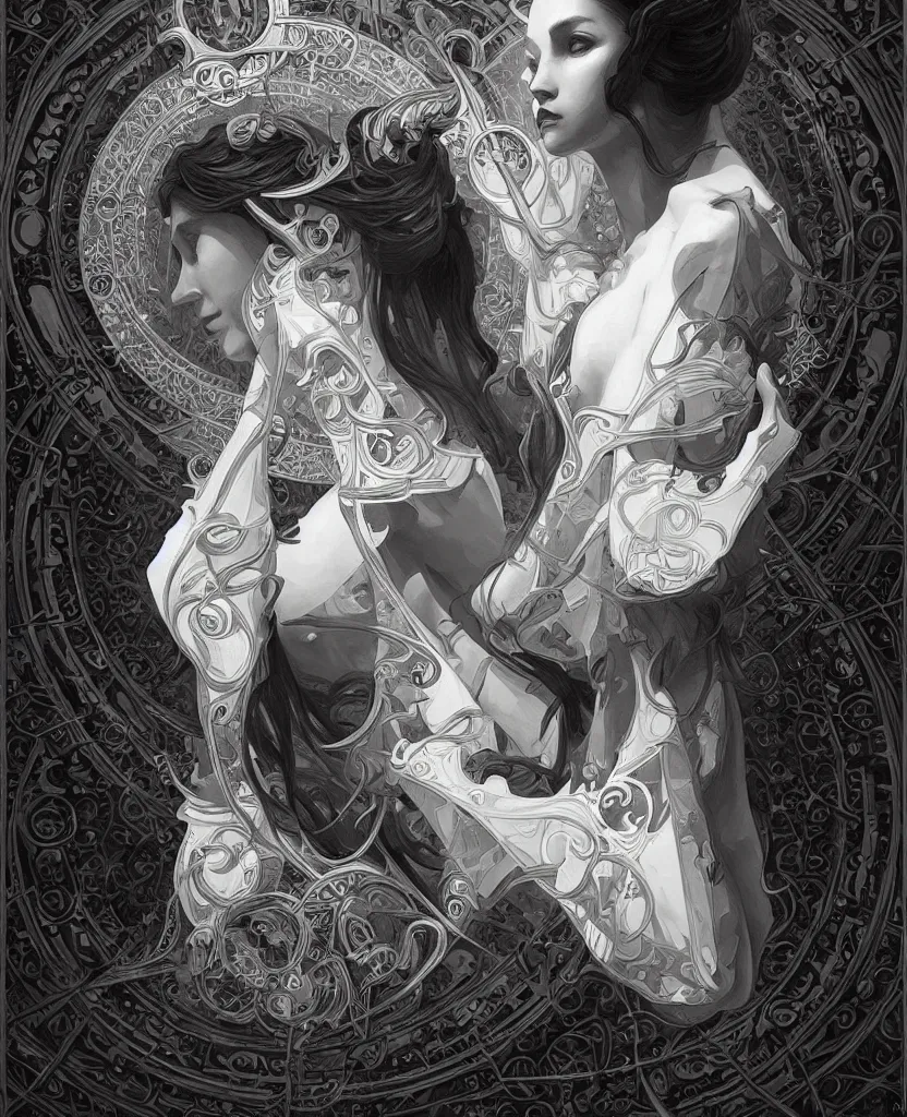 Image similar to black and white illustration of mystical geometrical alchemical symbols, deep focus, intricate, elegant, highly detailed, foggy, misterious, digital painting, artstation, concept art, matte, sharp focus, art by artgerm and greg rutkowski and alphonse mucha