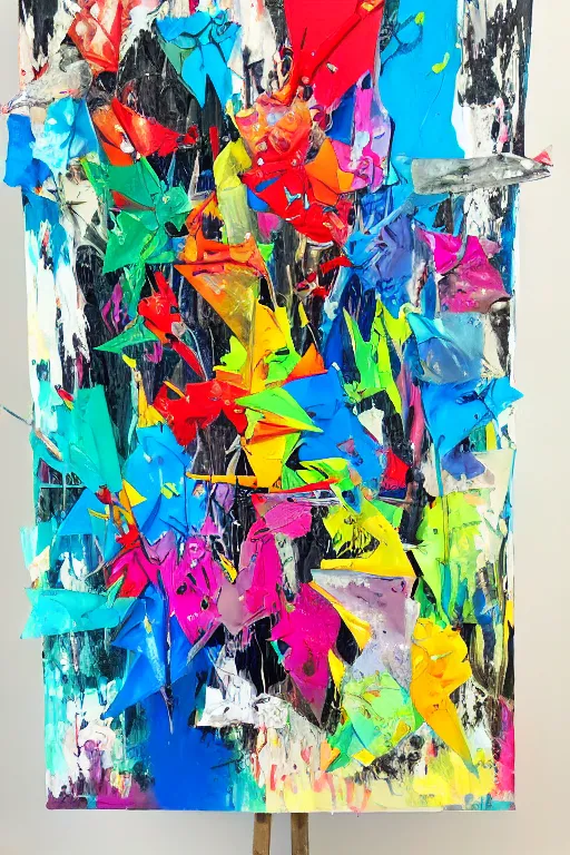 Prompt: abstract expressionist painting, paint drips, acrylic, wildstyle, clear shapes, maximalism, smeared flowers, origami cranes, oil pastel gestural lines, large triangular shapes