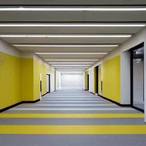 Image similar to abandoned rural offices, uneven hallways, uneven flooring, fluorescent lighting, pale yellow walls with slightly darker yellow stripes