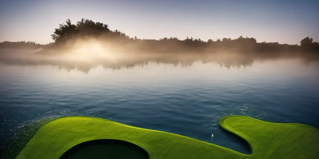 Image similar to a great photograph of the most amazing golf hole in the world, perfect light, under water, ambient light, 5 0 mm, golf digest, top 1 0 0, fog