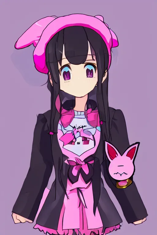 Image similar to a vrchat avatar girl with fuzzy bunny ears, whiskers like a cat, and a big pink beret, anime style, cel shaded, cute, kawaii, jewelry