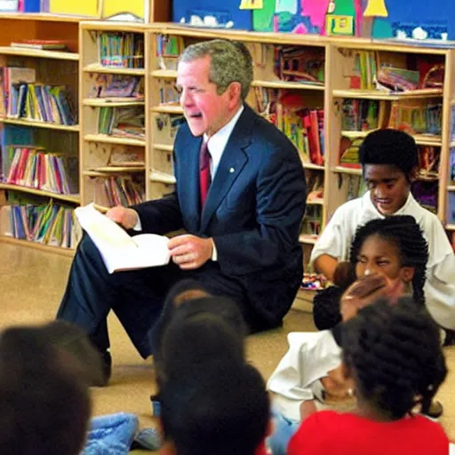 Image similar to “ george w bush reading to elementary school children with nothing bad happening whatsoever ”