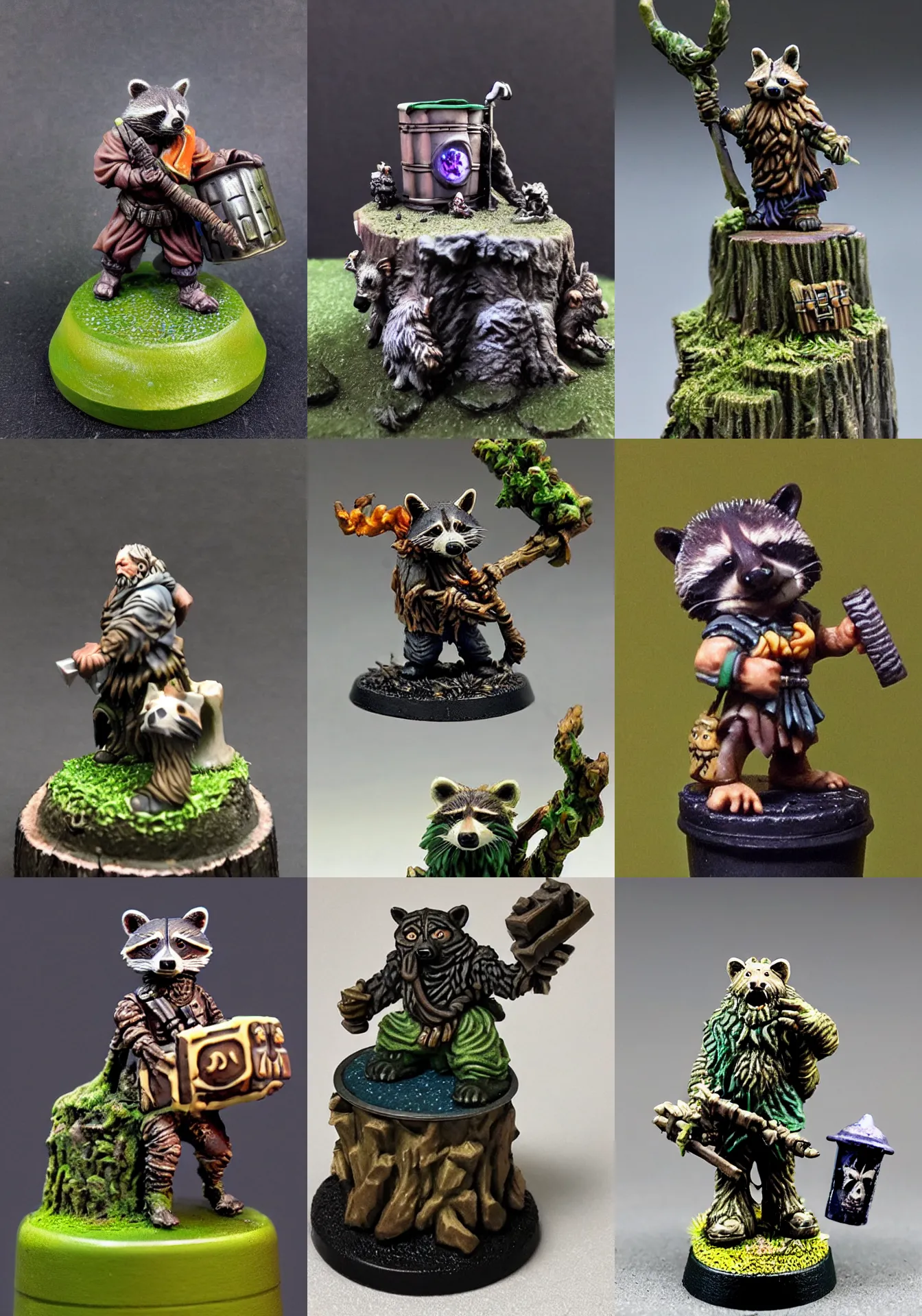 Prompt: druid, wild shape : raccoon, slavoj zizek with glowing trashcan of ideology, resin miniature, 2 8 mm heroic scale, games workshop, fantasy ttrpg, citadel colour, osl, nmm, r / paintedminis, round base, dungeons and dragons, reaper minis