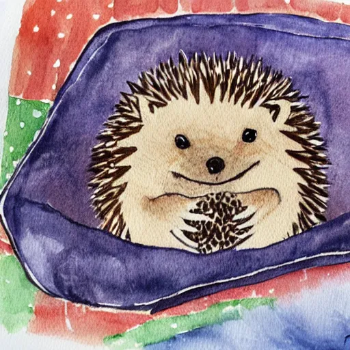 Prompt: a hedgehog in a cozy blanket on a rainy day, watercolor and ink by Miruna Matthams