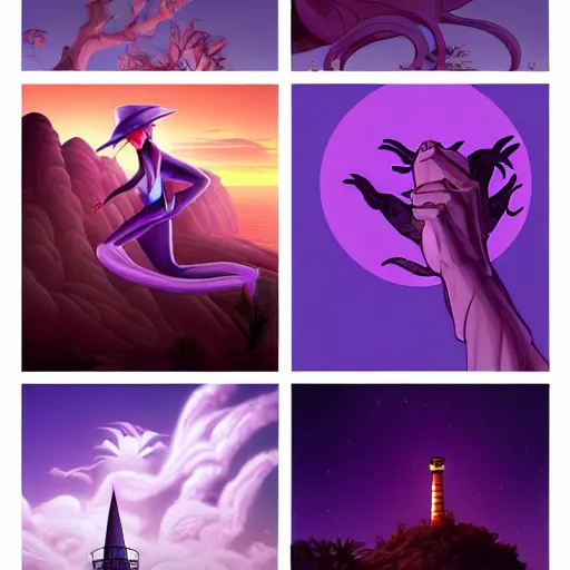 Image similar to don bluth, artgerm, joshua middleton, purple color pallete, welcome to night vale, lighthouse in the desert, giant centipede, spooky strange weird quirky, cartoon, 2 d, shades of purple