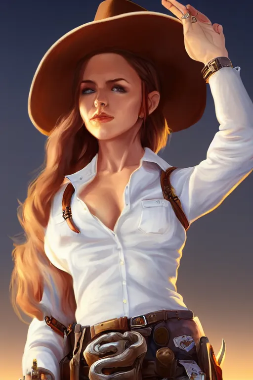 Image similar to full body, female cowgirl, perfect face, white blouse, holster, 8 k, magic the gathering, desert, d & d, artstation, high detail, smooth, sweaty