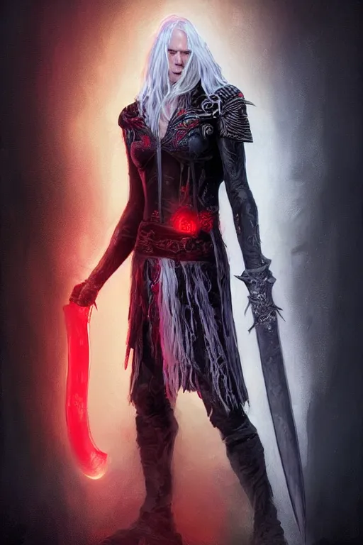 Prompt: 4k HD digital full body portrait of Elric of Melibourne, long white hair, black paper, vivid colors, Long black sword with red glowing runes, by Bastien LeCouffe-Deharme, Craig Mullins, Marc Simonetti, trending on Artstation