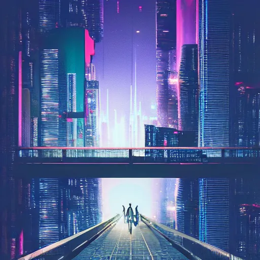 Image similar to a man standing on top of a bridge over a city, cyberpunk art by Vincent Lefevre, behance contest winner, altermodern, cityscape, synthwave, matte painting