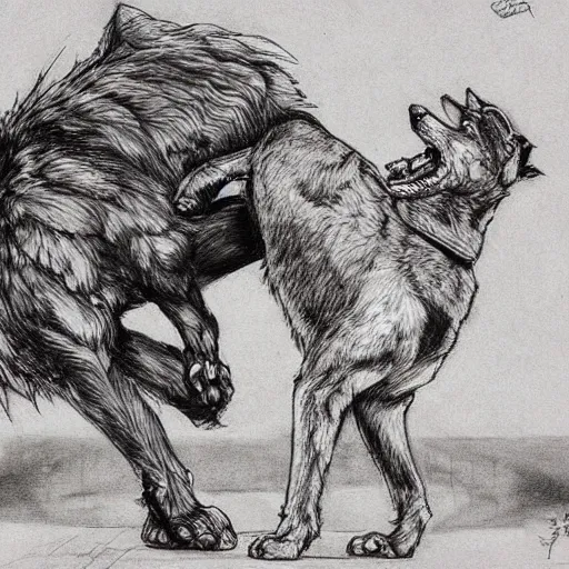 Image similar to a humanoid german shepherd beast - man wrestling with another german shepherd in the middle of an arena, pencil art, added detail, high definiton, colored, aerial viewyoji shinkawa