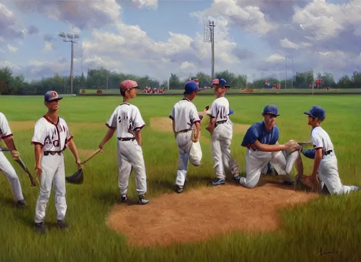 Image similar to field of dreams baseball game, oil painting by jama jurabaev, extremely detailed, brush hard, artstation, for aaa game, high quality, brush stroke