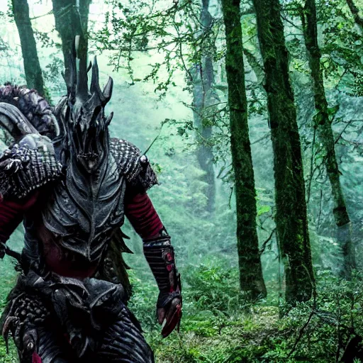 Image similar to High fantasy Yautja in dragon inspired armor in the forests plains of north yorkshire, Predator creature, alien hunter, 4k, Dragon skull biomask,