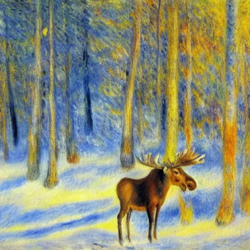 Prompt: renoir style painting, moose in winter forest, spruce trees