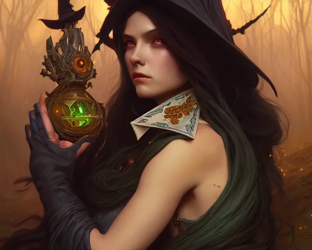 Image similar to photography of a witch 8 k, deep focus, d & d, fantasy, intricate, elegant, highly detailed, digital painting, artstation, concept art, matte, sharp focus, illustration, hearthstone, art by artgerm and greg rutkowski and alphonse mucha