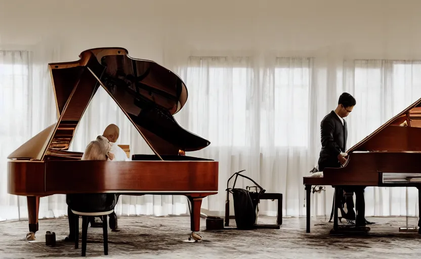 Prompt: a christian couple praying in a room with a piano, photo, sharp, 4k