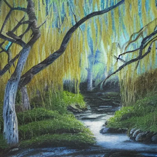 Prompt: oil painting of a babbling brook with willow trees surrounding it, photorealistic, 8k