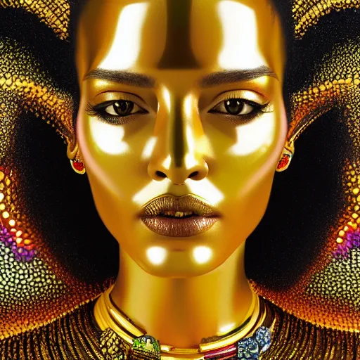 Image similar to hyperdetailed masterpiece portrait of a glossy golden metallic statue of a woman head covered in colorful glowing hexagons and chakras, symmetrical, in the style of virgil abloh, offwhite, heron prestorn, denoise, vogue, paris, fashion, halluzinogene, highly detailed, realistic, hyperreal, 8 k, 4 k, render