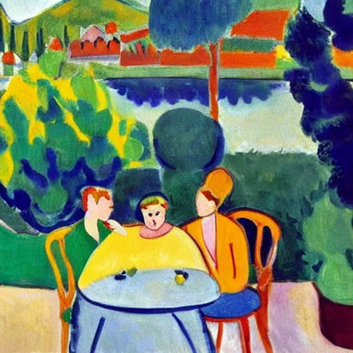Prompt: four people are very tired and ly on the table in a beautiful garden at lake como. painting by matisse.
