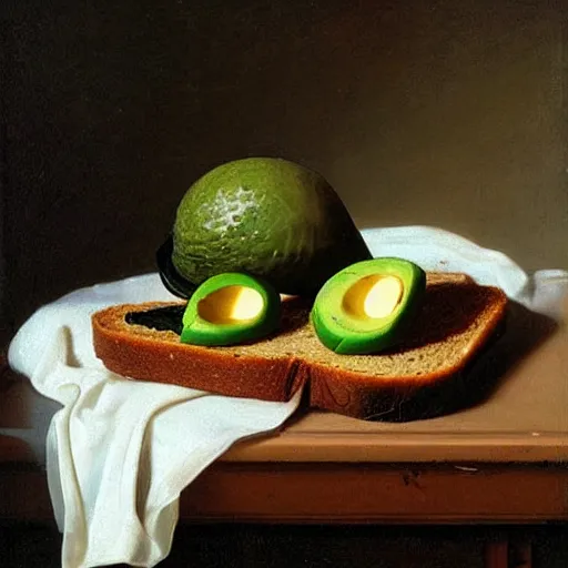 Image similar to still life by willem claesz heda, avocado toast, money