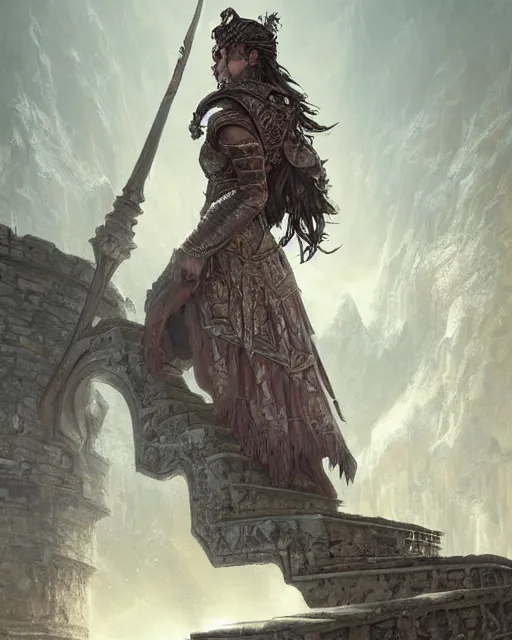 Prompt: A beautiful warrior walking up the castle stairs, beautiful castle, highly detailed armor, fantasy art, female art, in the style of greg rutkowski, illustration, epic, fantasy, intricate, hyper detailed, artstation, concept art, smooth, sharp focus, ray tracing