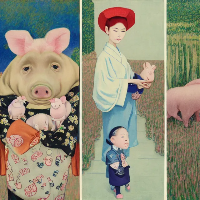 Image similar to tall emo female artist holding small portraits and piglet on a train, wearing a kimono, on yamanote line in japan, tokyo station, summer, sweat, ice coffee, pigs, octopus, acrylic on canvas, surrealist, by magritte and monet