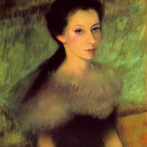 Prompt: a closeup portrait of a young vivian leigh, dramatic light, painted in oil by edgar degas, masterpiece