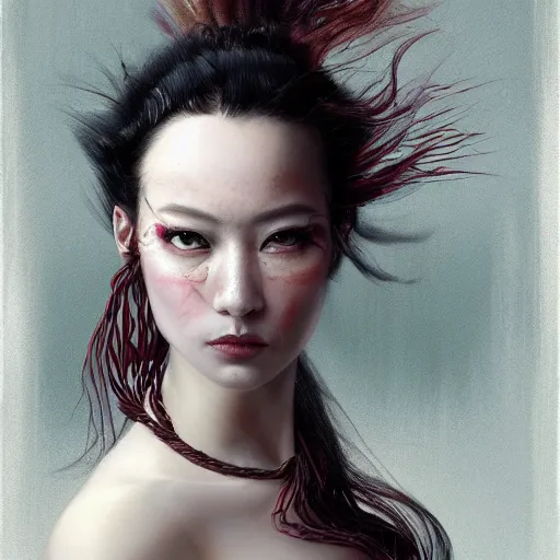 Image similar to portrait of a Shibari rope wrapped face and neck, headshot, insanely nice professional hair style, dramatic hair color, digital painting, of a old 18th century, traveler, amber jewels, baroque, ornate clothing, scifi, realistic, hyperdetailed, chiaroscuro, concept art, art by Franz Hals and Jon Foster and Ayami Kojima and Amano and Karol Bak,