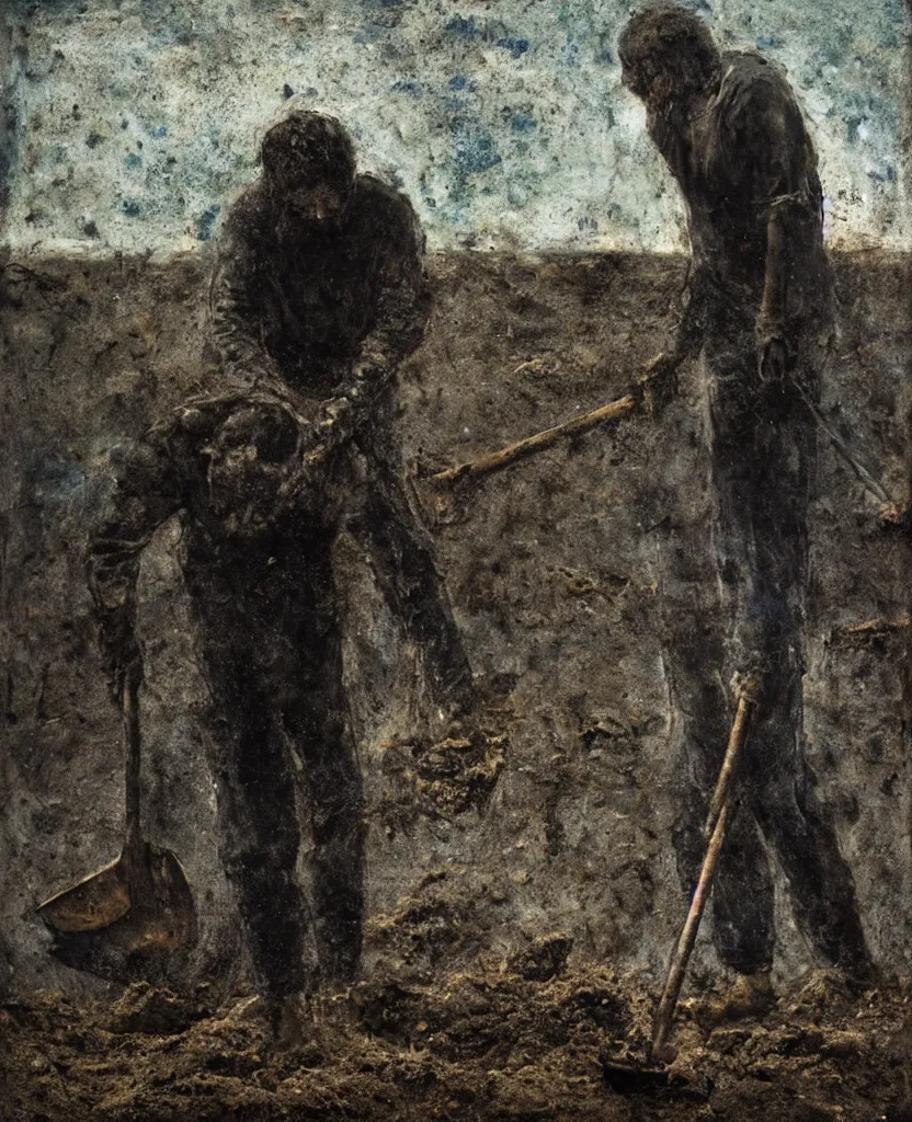 Image similar to a man with a shovel standing digging up a grave with a dead body, by Nicola Samori, painting, 8k, high detail, subtle blue, orange, and dark green tones, high quality, high detail, dark colors, sinister atmosphere, dramatic lighting, cinematic, establishing shot, extremely high detail, photo realistic, cinematic lighting