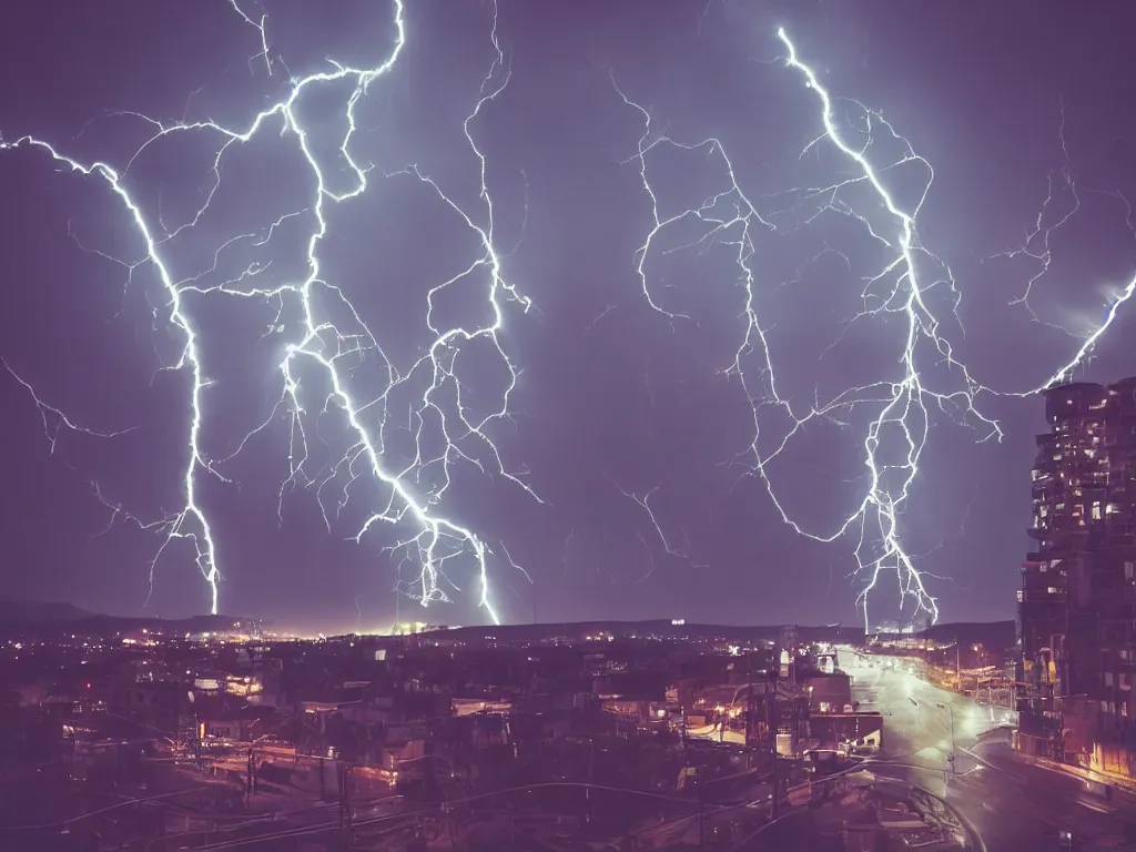 Prompt: |robot head shooting lightning from its eyes| |floating over vast city made of audio speakers|, neon moody night time light, 55mm