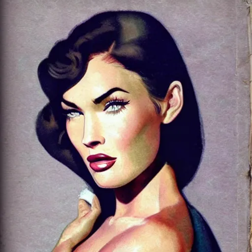 Image similar to “Megan Fox portrait, color vintage magazine illustration 1950”