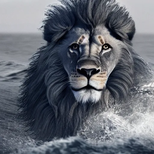 Image similar to a male lion's face breaching through a wave, stormy weather, ocean sprites, closeup of face, trending on artstation, dark lighting