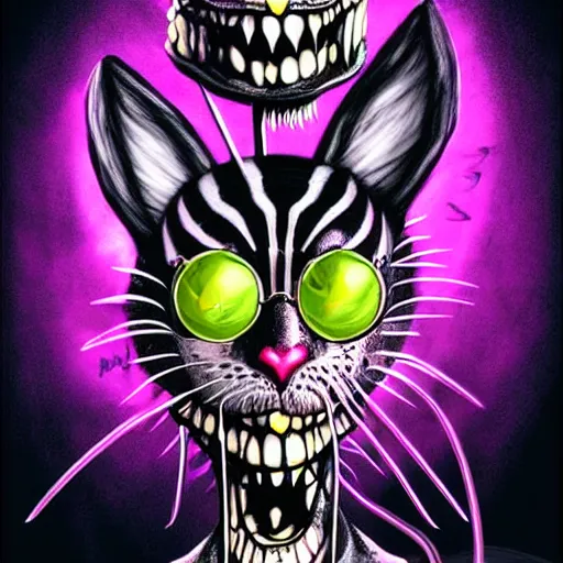 Prompt: graphic illustration, creative design, cheshire cat as alice cooper, biopunk, francis bacon, highly detailed, hunter s thompson, concept art