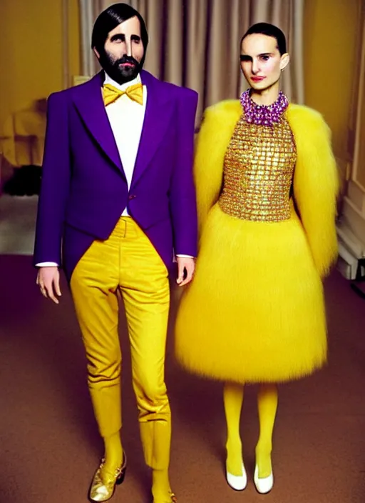 Image similar to full face and glamorous dressed natalie portman and jason schwartzman in Bespoke couture outfits made of yellows, pinks, purple and gold by Vivian Westwood and Marc Jacobs as seen in the movie the Royal Tenenbaums + vintage Chanel in a futuristic vibe