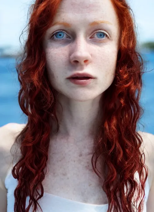 Image similar to close up portrait photograph of a thin young redhead woman with russian descent, sunbathed skin, with deep blue eyes. Wavy long maroon colored hair. she looks directly at the camera. Slightly open mouth, face takes up half of the photo. a park visible in the background. 55mm nikon. Intricate. Very detailed 8k texture. Sharp. Cinematic post-processing. Award winning portrait photography. Sharp eyes.