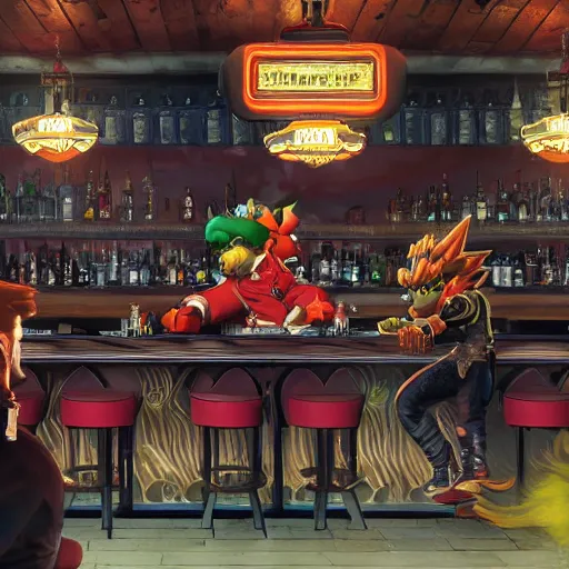 Image similar to an ultra detailed illustration of shadow the hedgehog and bowser sitting in a bar drinking beer, dive bar with a karaoke machine, volumetric lighting, 4 k, octane render, art by greg rutkowski and alphonse mucha and andreas rocha and albert bierstadt