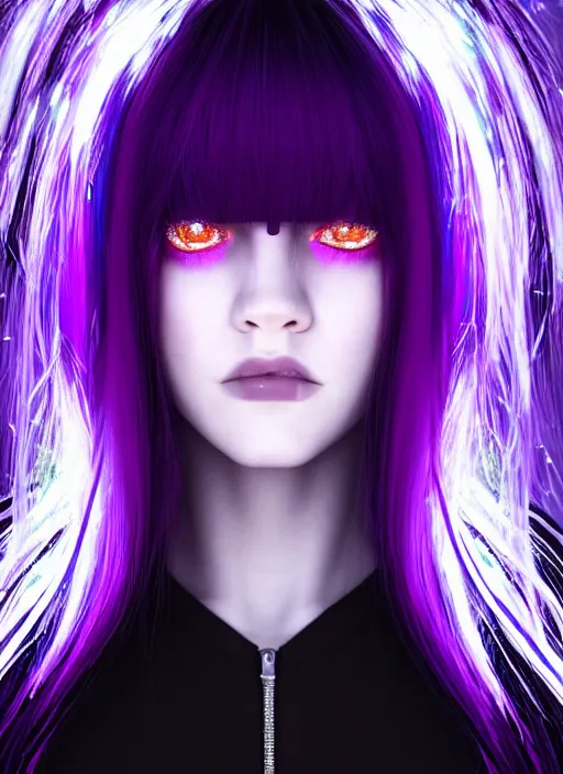 Image similar to hair whitebangs hair, black cyberlox, portrait of teenage girl with white bangs, whitebangsblackhair, messy bangs, cyberlox, whitebangs, red irises, purple clothes, intricate, elegant, glowing lights, highly detailed, digital painting, artstation, concept art, sharp focus, illustration, art by wlop, mars ravelo and greg rutkowski