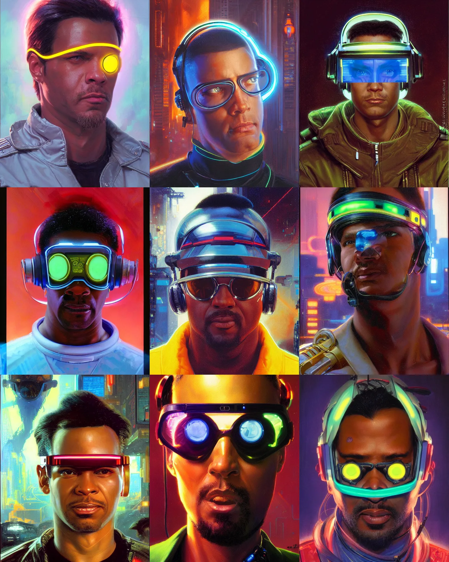 Prompt: digital neon cyberpunk male with geordi eye visor and headset headshot portrait painting by donato giancola, kilian eng, john berkey, j. c. leyendecker, maxfield parrish
