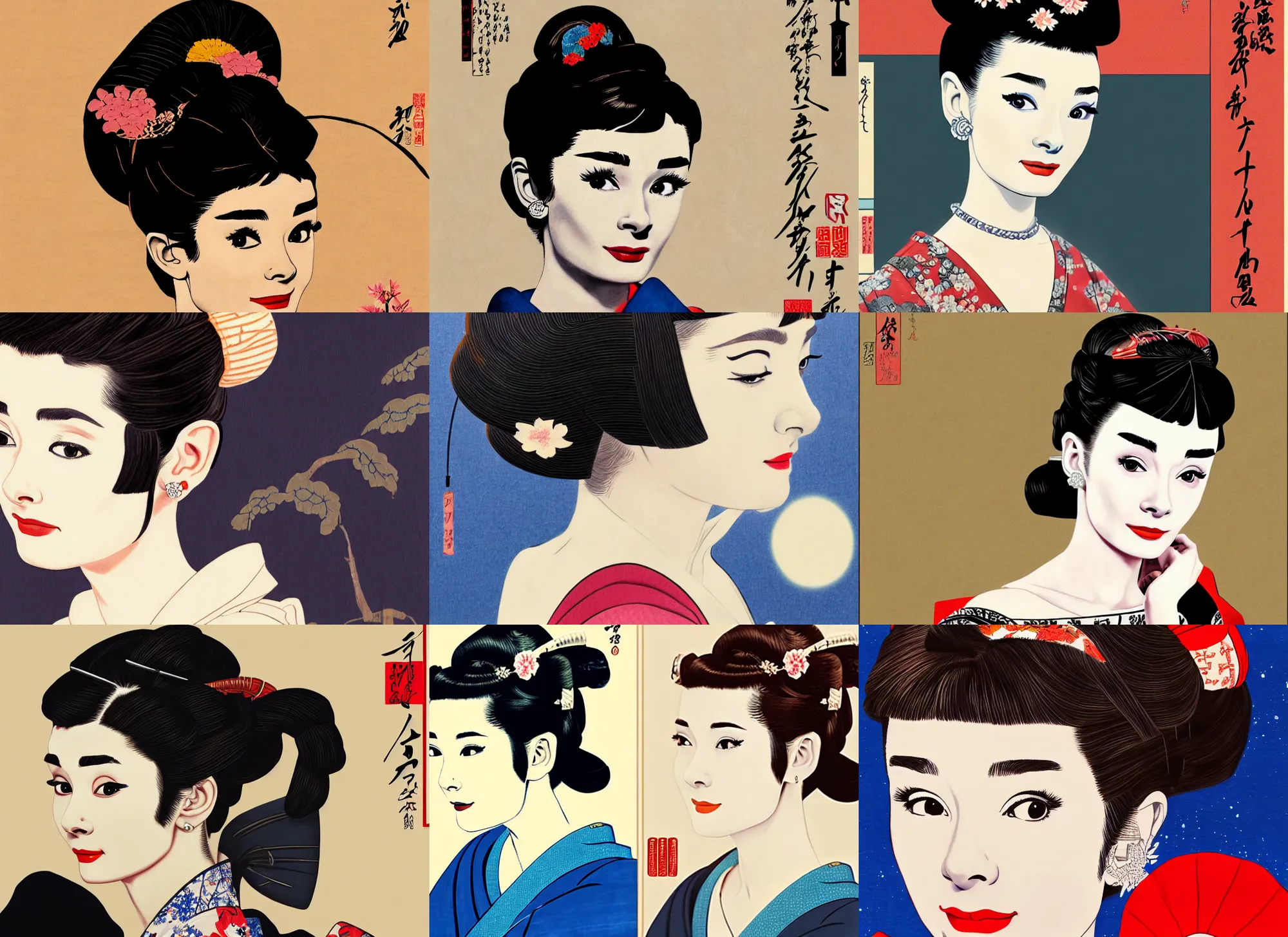 Prompt: painting of audrey hepburn as orian with hair decoration in ukiyo - e art, half body, 4 k, ultra detailed, photo realistic