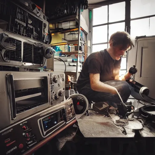 Prompt: technician repairing head of toaster oven mecha, dark messy smoke - filled cluttered workshop, dark, dramatic lighting, orange tint, cinematic, highly detailed, sci - fi, futuristic, movie still