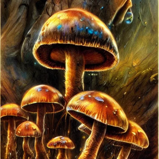 Prompt: fantastic mushrooms, by bruce pennington, carne griffiths, donato giancola, high light, high detailed, 4 k resolution w 1 0 2 4