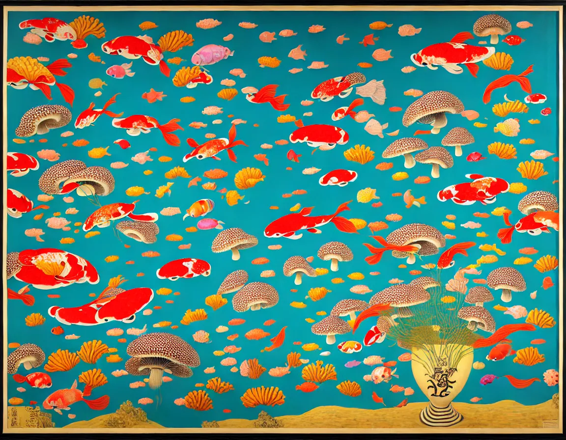 Prompt: vase of mushroom in the sky and under the sea decorated with a dense field of stylized scrolls that have opaque red outlines, with surrealist koi fishes, ambrosius benson, kerry james marshall, afrofuturism, oil on canvas, history painting, hyperrealism, light color, no hard shadow, around the edges there are no objects