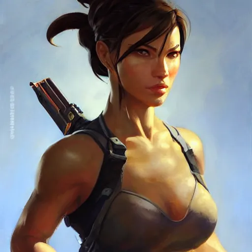 Image similar to greg manchess portrait painting of partially armored lara croft as overwatch character, medium shot, asymmetrical, profile picture, organic painting, sunny day, matte painting, bold shapes, hard edges, street art, trending on artstation, by huang guangjian and gil elvgren and sachin teng