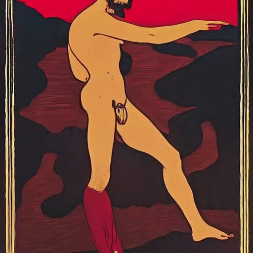 Prompt: a beautiful tarot! painting of a handsome shirtless cowboy in front of a deep red sunset, homoerotic, twilight, evening, golden hour, art deco! art nouveau, silhouette, by Walter Crane, trending on arstation