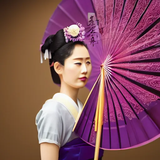 Image similar to Japanese geisha with beautiful violet paper fan, 4k photography, 30 mm lens, cinematic light, warm atmosphere, in style of Kar Wai Wong, fine dust