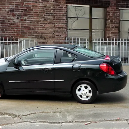 Prompt: 2007 red Chevy cobalt stuck atop a light post